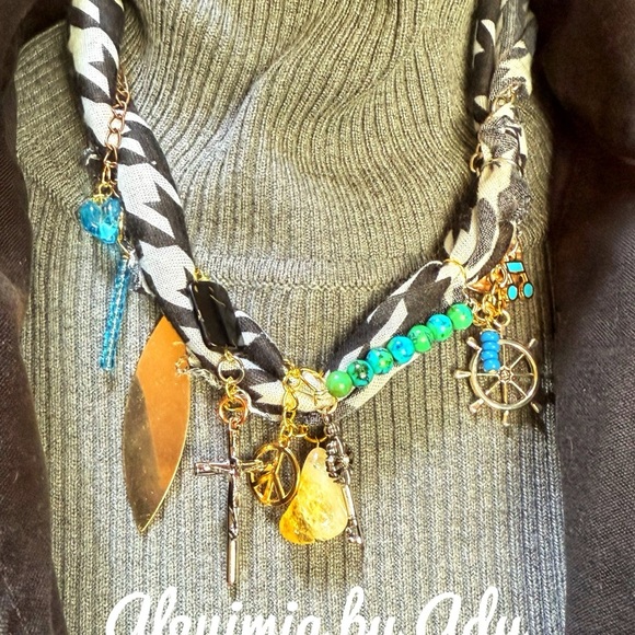 Black and white bandanna scarf charms turquoise citrine necklace - Picture 2 of 5